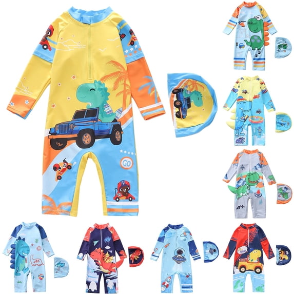 Boys Swimsuit Long Sleeve One-piece Swimsuits Rash Guard Sunscreen Matching Swim Trunks Beach Pool Kids Swimwear Light Blue4 4-5 Y
