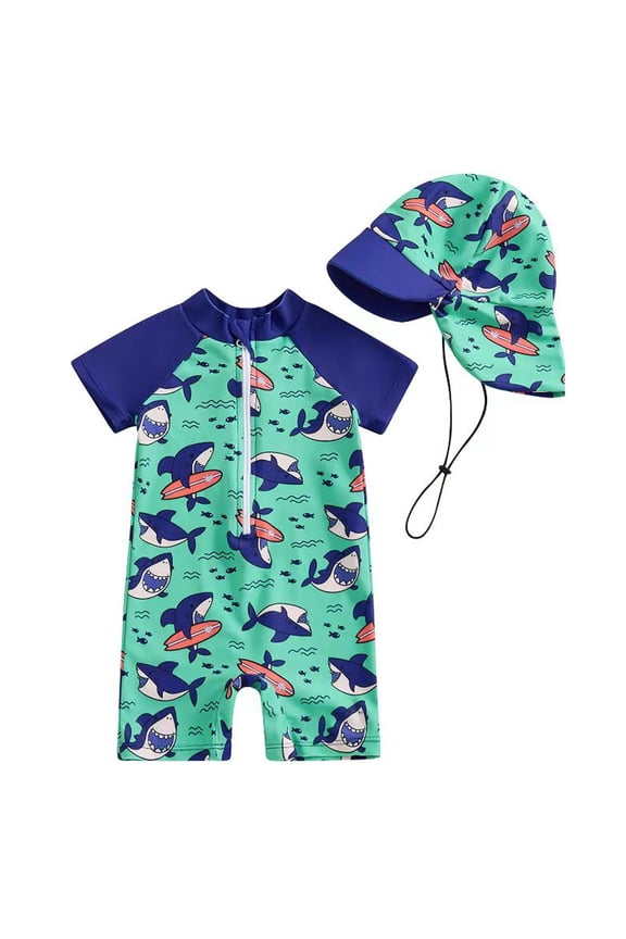 Boys Swimsuit Long Sleeve Rash Guard Swim Shirt and Swim Trunks Upf 50 Plus Sun with Swim Cap Shark Print Crew Neck Short Sleeve Green 18 Months-24 Months