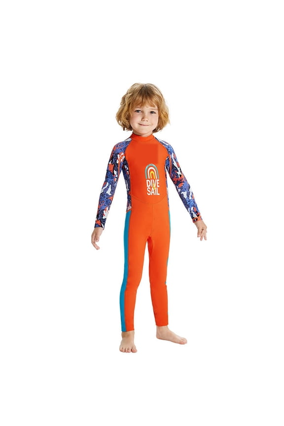 Boys Swimsuit Summer Cartoon Print Long Sleeve Sun Rash Guard One Piece Bathing Suit for Kids Outdoor Surfing Orange 8 Years-9 Years