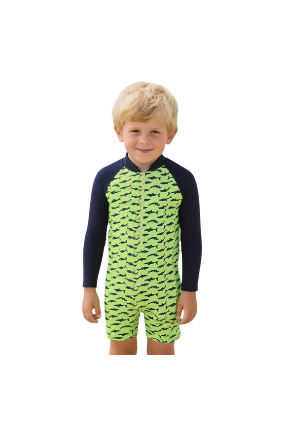 Boys Swimsuit Summer Shark Print Long Sleeve Upf Sun Swim Shirt One Piece Bathing Suit for Active Kids Beach Green 2 Years-4 Years