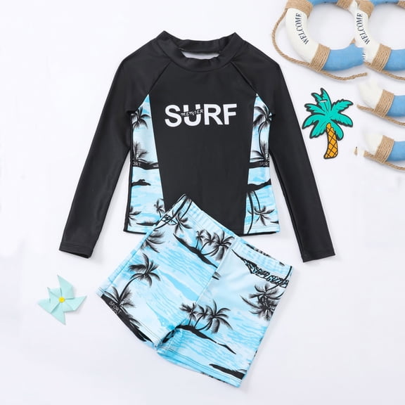 Boys Swimsuit TOOYOU Toddler Kids Swimwear Cartoon Long Sleeve Tops Striped Shorts Swim Beach Bathing 2 Pack Size 9-10 Years,Black Boys Lively Swimsuit Set