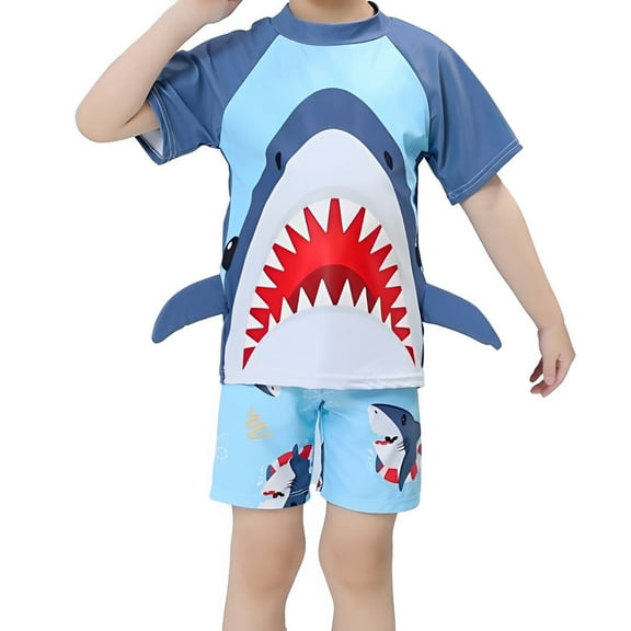 Boys Swimsuits 2T-3T Cartoon Dinosaur Prints Bathing Suit Set Short Sleeve Shirts Shorts Hat 26 PC Rash Guard Sunsuit Boy Swimming Suits Kids Swimwear Sets A01 Sky Blue 2-3 Years