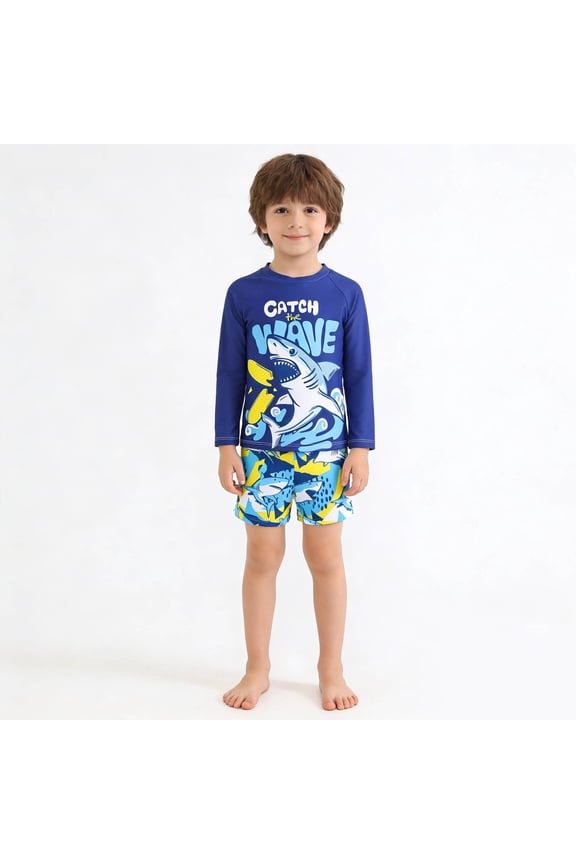 Boys Swimsuits Size 2-3Y Long Sleeve Swim Tees Trunks Shark Print Sun Swimwear Beach Pool Kids 2 Piece Swimsuit