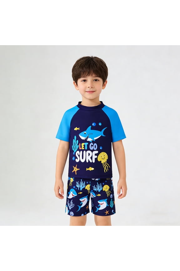 Boys Swimsuits Size 3-4Y Short Sleeve Swim Tees Trunks Shark Print Sun Swimwear Beach Pool Kids 2 Piece Swimsuit