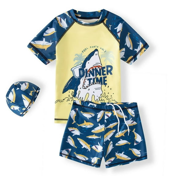 Boys Swimsuits Size 6-7 Cartoon Dinosaur Prints Bathing Suit Set Short Sleeve Shirts Shorts Hat 38 PC Rash Guard Sunsuit Boy Swimming Suits Kids Swimwear Sets Z01 Yellow 6-7 Years