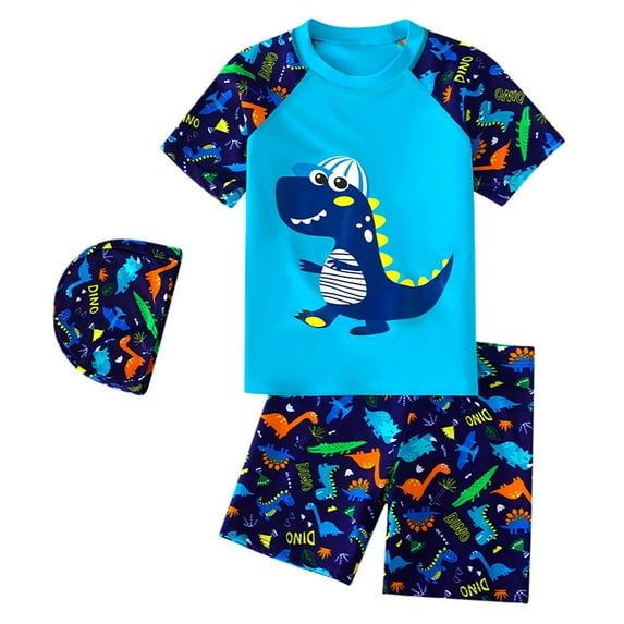 Boys Swimsuits Size 6-7 Fashion Scale Printed Bathing Suit Set Short Sleeve Shirts Shorts Hat 3 PC Rash Guard Sunsuit Boy Swimming Suits Kids Swimwear Sets X06-Blue 11-12 Years