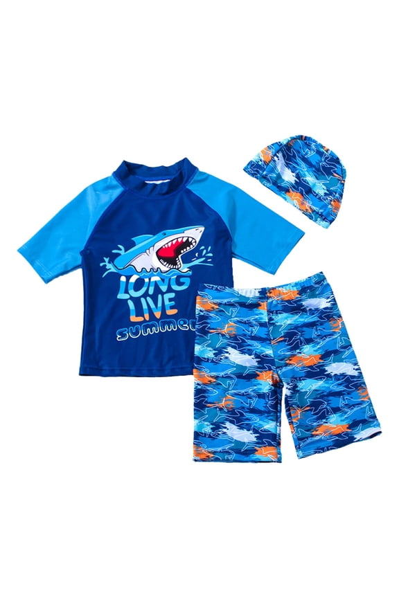 Boys Swimsuits Size 6-7 Fashion Scale Printed Bathing Suit Set Short Sleeve Shirts Shorts Hat 3 PC Rash Guard Sunsuit Boy Swimming Suits Kids Swimwear Sets X03-Blue 5-6 Years