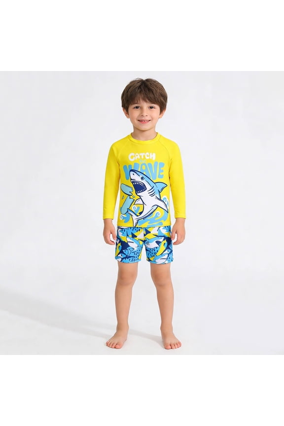 Boys Swimsuits Size 6-7Y Long Sleeve Swim Tees Trunks Shark Print Sun Swimwear Beach Pool Kids 2 Piece Swimsuit