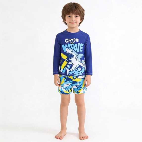 Boys Swimsuits Size 6-7Y Long Sleeve Swim Tees Trunks Shark Print Sun Swimwear Beach Pool Kids 2 Piece Swimsuit