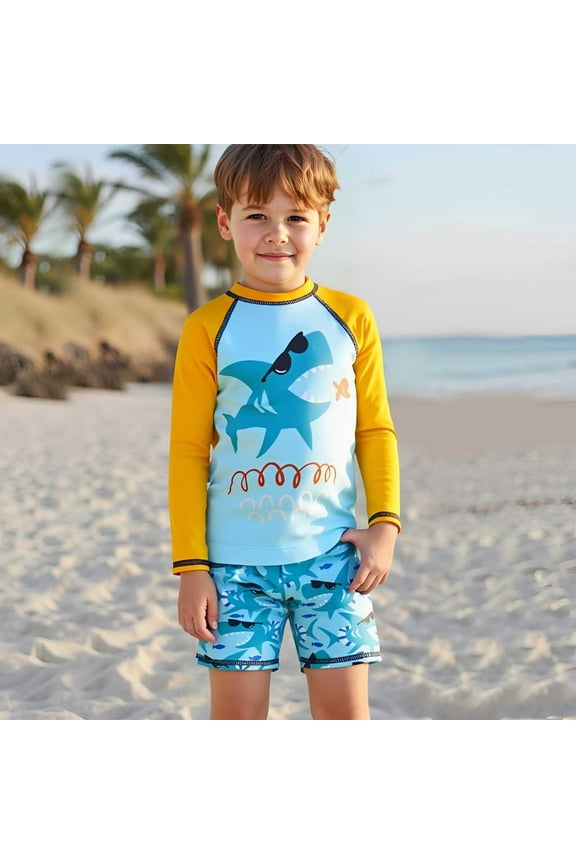 Boys Swimwear 2 Piece Set Blue Cartoon Sunglasses Shark Print Long Sleeved Swimwear Beach Shorts Blue 4 Y-5 Y