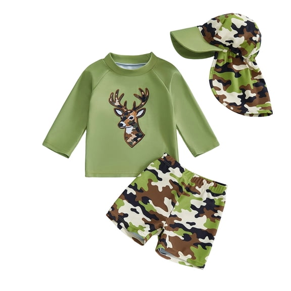 Boys Swimwear 3 Piece Rash Guard Swim Shirt Trunks Hat Cartoon Print Beach Outfit Clothes