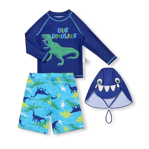 Boys Swimwear 3 Piece Set Green Little Dinosaur Separate Swimwear Long Sleeved Sun Protection Swimwear Blue 3 Y-4 Y