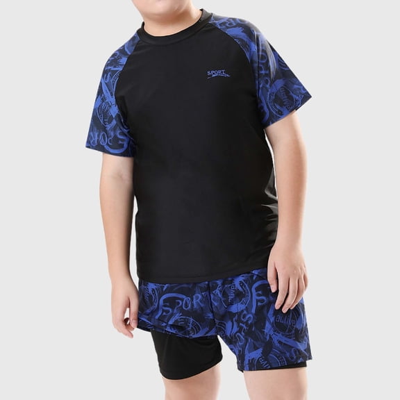 Boys Swimwear 3 Piece Set Hawaiian Style Short Sleeved Shorts Hot Spring Set Blue -