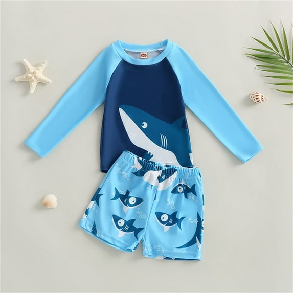 Swimsuit for Kids Funny Cartoon Print Long Sleeve Bathing Suit 2 PC Boy Swim Set Bathing Suit for Boys 5-6 Years