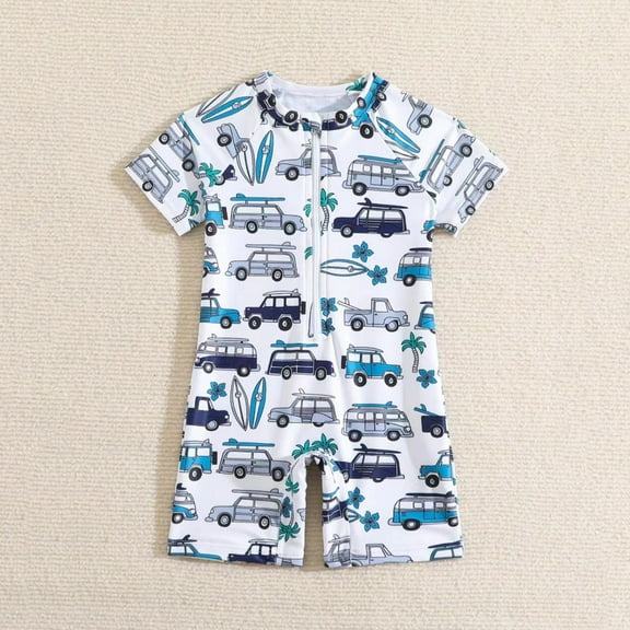 Boys Swimwear One Piece Truck Print Cute Short Sleeved Swimsuit Navy 2 Y-3 Y