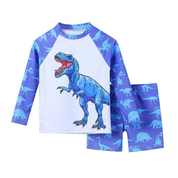 Boys Swimwear Set Long Sleeve Rash Guard Swim Shirt With Dinosaur Swim Trunks Beach Surfing Pool Summer Sun For Kids,Toddler Baby Size 3-4T,Blue