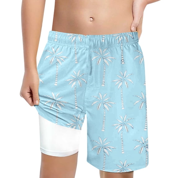 Boys Swimwear Set Printed Shorts Lace Up High Waisted Loose Pants Summer Clothes for Kids,Light Blue,10T=150