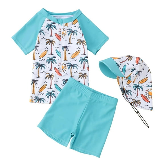 Boys Swimwear Set for Toddlers Baby Summer Cartoon Print Three Piece Swimsuit with Hat Separates for Beach Pool Light Blue 18 Months-24 Months