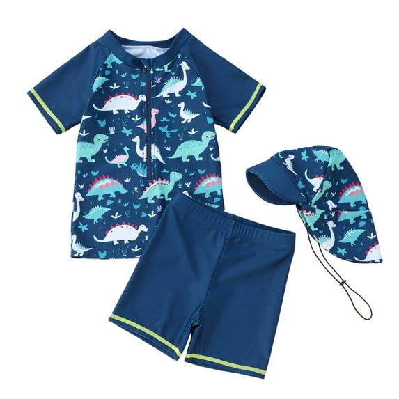 Boys Swimwear Set for Toddlers Baby Summer Cartoon Print Three Piece Swimsuit with Hat Separates for Beach Pool Navy 3 Years-4 Years