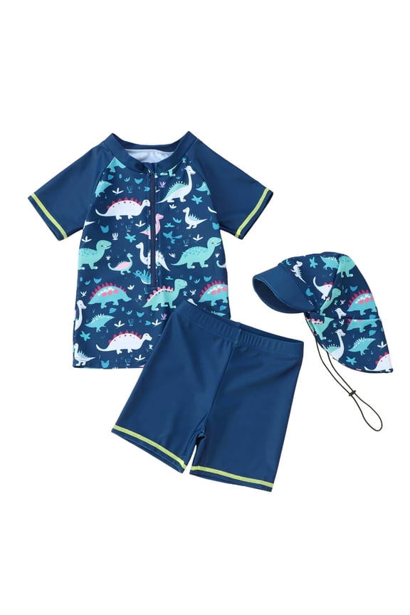 Boys Swimwear Set for Toddlers Baby Summer Cartoon Print Three Piece Swimsuit with Hat Separates for Beach Pool Navy 6 Months-12 Months