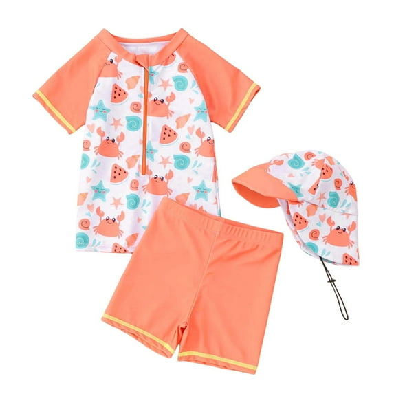 Boys Swimwear Set for Toddlers Baby Summer Cartoon Print Three Piece Swimsuit with Hat Separates for Beach Pool Orange 3 Years-4 Years