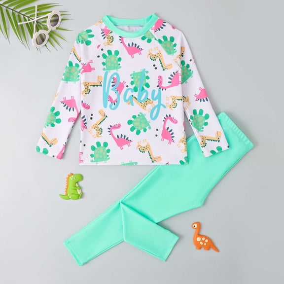 Boys Swimwear With Cartoon Dinosaur Print Long Sleeves And Trousers 2 Piece Separates Beach Style Green 7 Y-8 Y