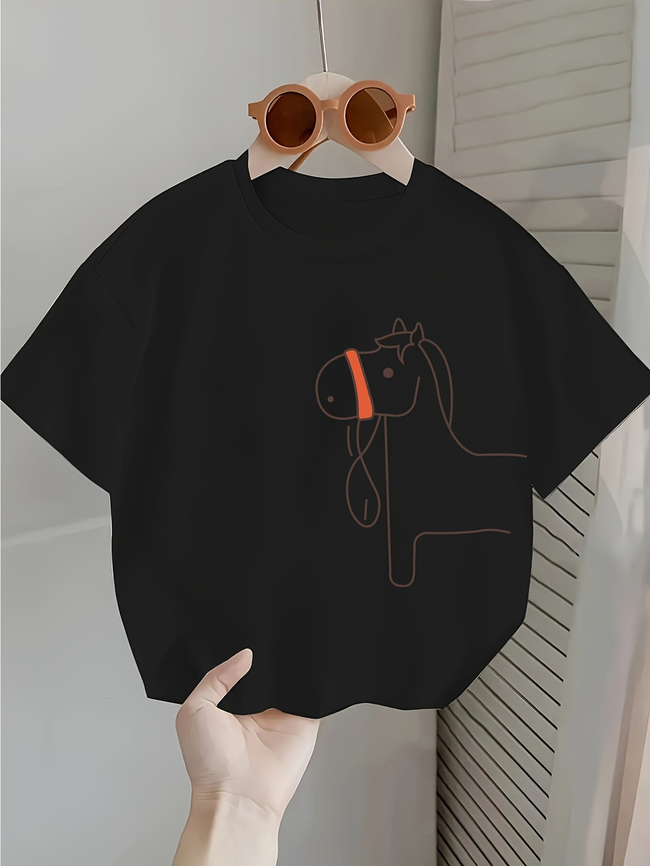 Boys' T-Shirt - Cute Cartoon Rocking Horse Print, White Crew Neck Short ...