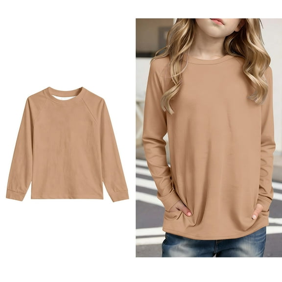 Boys T Shirt Khaki Long Sleeve T Shirts with Pocket Girls Casual Crewneck Basic Tees Fall Clothes Clothes for 7-8 Years Old Boys