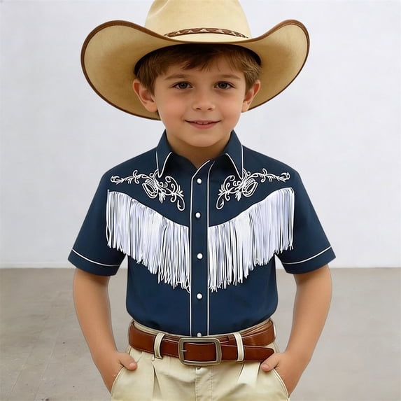 Boys T Shirts Boys 3D Cowboy Print Short Sleeve Button Down Shirt Girls Tops Navy 8-9 Years