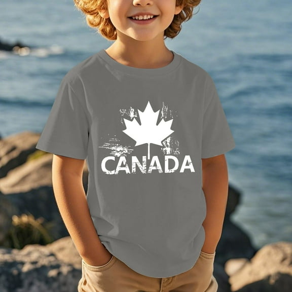 Boys T Shirts Canada Day Theme Maple Leaf Print Children Boys and Girls Casual Trendy Short Sleeved T Shirt Summer Tops Dark Gray 4 Years-5 Years