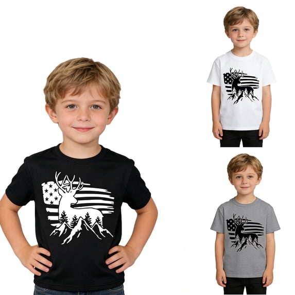 Boys T Shirts Deer Mountain Patriotic Print Short Sleeve Casual Tee Boys' Tops Black 18-24 Months