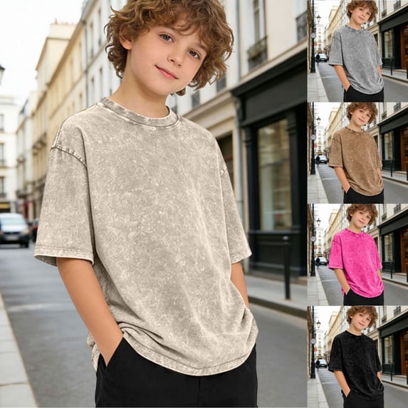 Boys T Shirts Distressed Washed Style Basic Crewneck Tee Casual Top Baby Tees Black 140