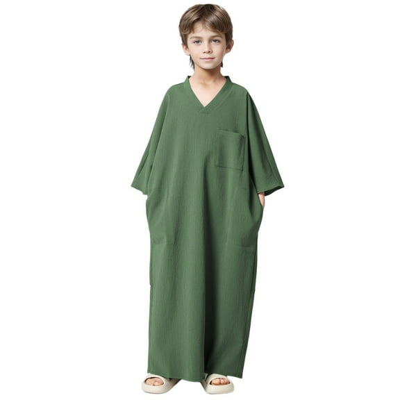 Boys T Shirts Kids Arabic Thobe Thobe Long Sleeve Kaftan V Collar Robe with Button Up Green 9 Years-10 Years