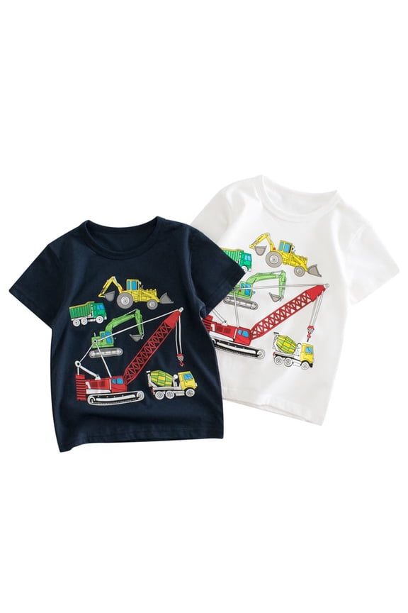 Boys T Shirts Kids Cartoon Construction Vehicle Short Sleeve Tee Boys' Tops Dark Blue 5-6 Years