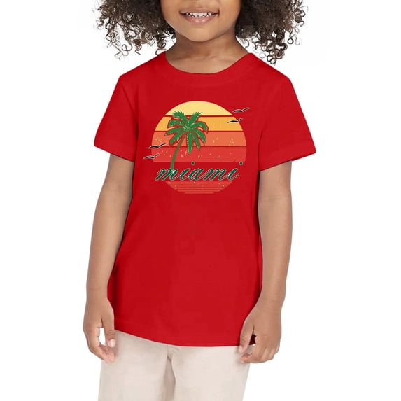 Boys T Shirts Kids Summer Coconut Tree Sunset Beach Hawaii Style Short Sleeve Tropical Shirt Girls Tops Red 3 Years-4 Years