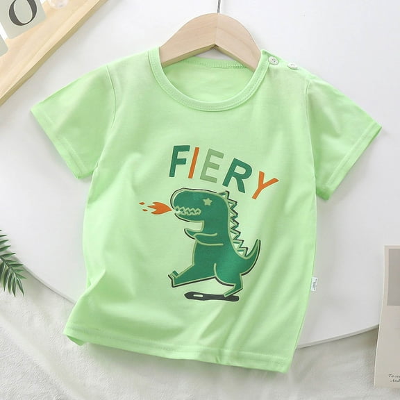 Boys T Shirts Kids Toddler Boys Summer Cartoon Excavator Airplane Dinosaur Print Cotton Short Sleeve T Shirts Summer Tops Mint Green 3 Months-9 Months