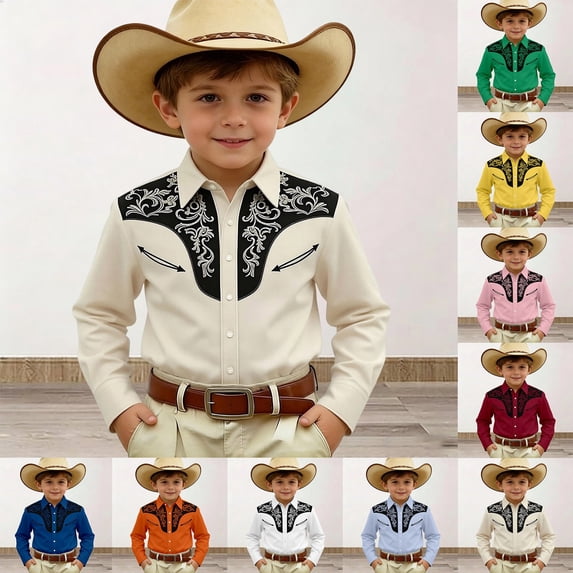 Boys T Shirts Kids Western Cowboy Print Denim Snap Button Long Sleeve Casual Shirt Baby Tees Orange 12-13 Years