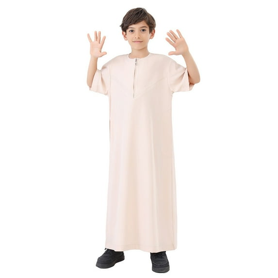 Boys T Shirts Long Sleeve Thobe National Teenage Boys Embroidered Robe Arab Children's Wear Beige 9 Years-10 Years