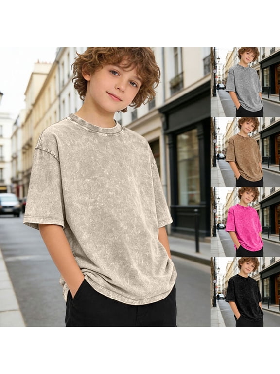 Boys T Shirts Short Sleeve Crew Neck Solid Color Tops Washed Vintage Basic Versatile Trendy Casual Kids T Shirts Size XS
