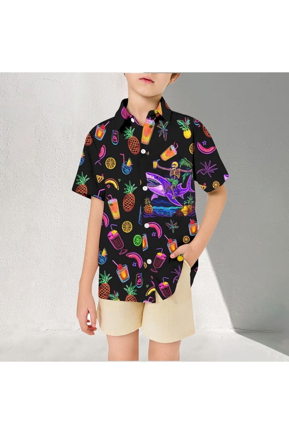 Boys T Shirts Size 3-4Y Kids Tropical Fruit Print Short Sleeve Collar Fashion Daily Shirt Boy Clothes