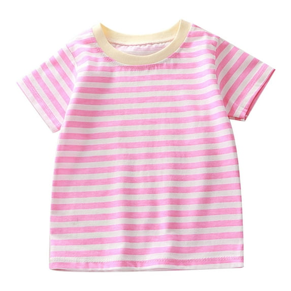 Boys T Shirts Summer Children Toddler Short Sleeved Striped Print T Shirt Cotton Basic Top Toddler T Shirts Pink 12 Months-18 Months