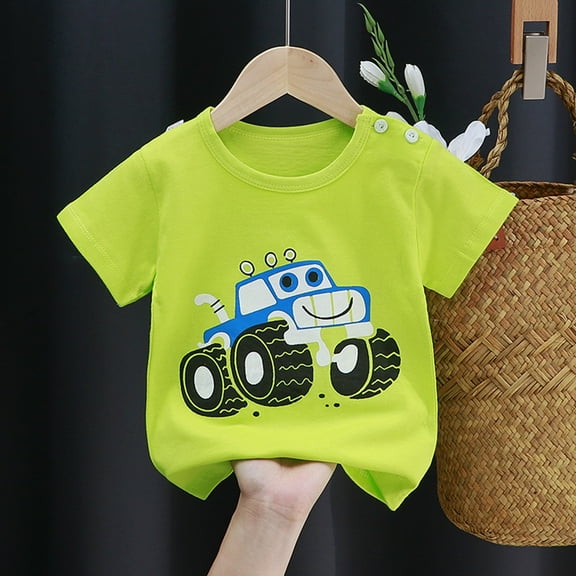 Boys T Shirts Summer Children's Cartoon Car Print Cotton Breathable Soft Short Sleeved Casual T Shirt Summer Tops Green 6 Months-12 Months