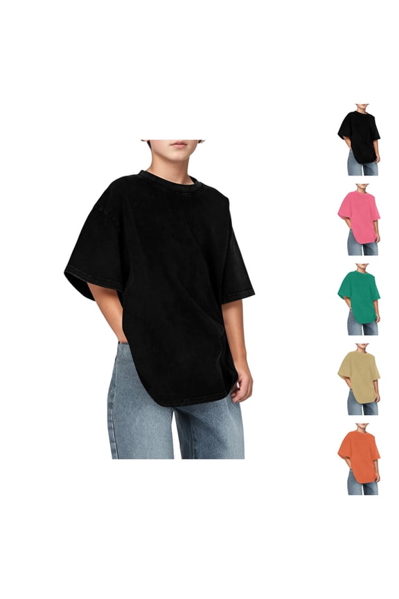 Boys T Shirts Summer Plain Crew Neck Elbow Sleeve Drop Shoulder Oversized T Shirt 3-14 Years