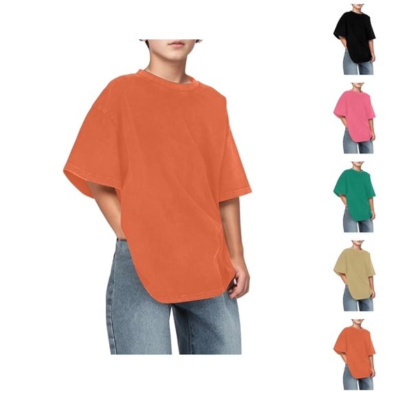 Boys T Shirts Summer Plain Crew Neck Elbow Sleeve Drop Shoulder Oversized T Shirt 3-14 Years
