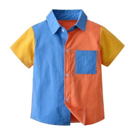 Boys T Shirts Toddler Summer Short Sleeve Patchwork Gentleman Tops Hawaii Beach Lapel Shirt Summer Tops Orange 5 Years-6 Years