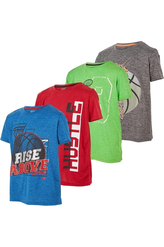Boys T Shirts - Youth Big Kids Active Athletic Workout Sports Basketball Graphic Short Sleeve Top 4 Pack 10/12, Set E