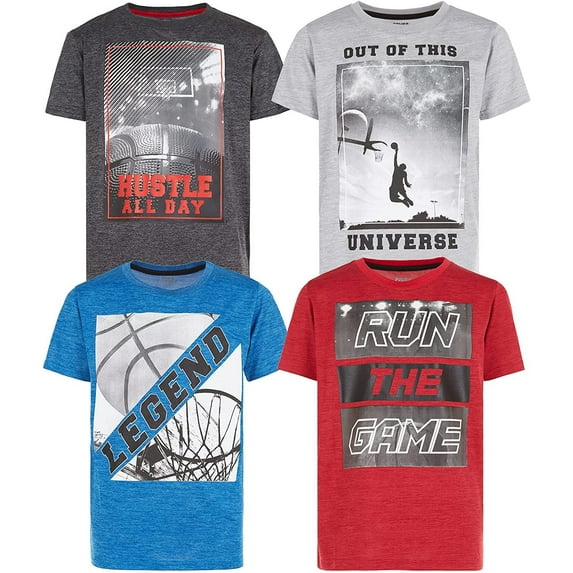 Boys T Shirts - Youth Big Kids Active Athletic Workout Sports Basketball Graphic Short Sleeve Top 4 Pack