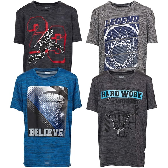 Boys T Shirts - Youth Big Kids Active Athletic Workout Sports Basketball Graphic Short Sleeve Top 4 Pack