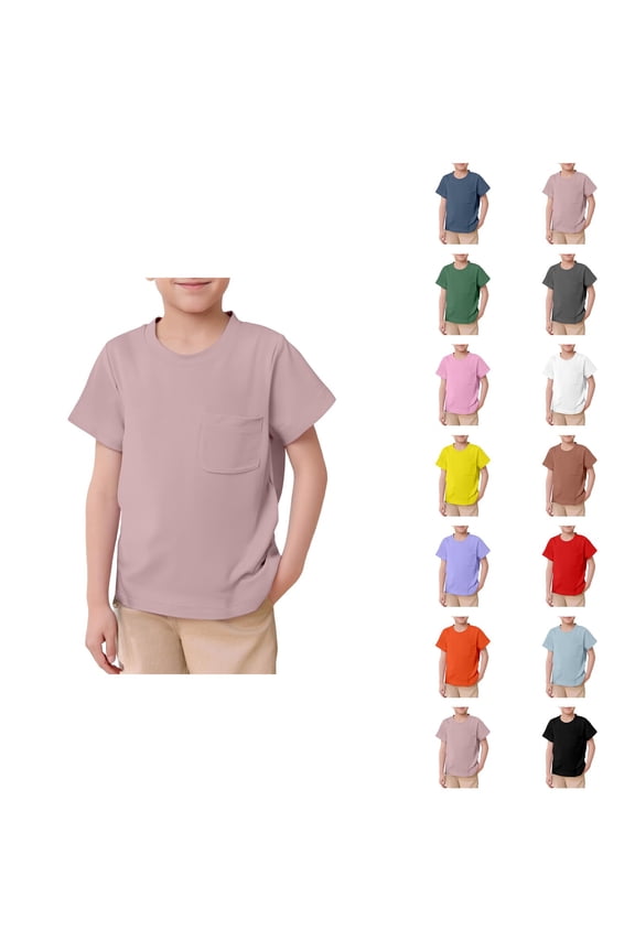 Boys T Shirts with Pocket Summer Plain Short Sleeve Crew Neck Basic Tops 2-13 Years