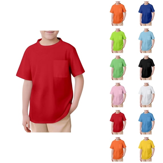 Boys T Shirts with Pocket Summer Solid Dorp Shouler Crew Neck Short Sleeve Oversized T Shirt School Uniform 2-13 Years